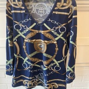 Navy Equestrian Print V-Neck Top